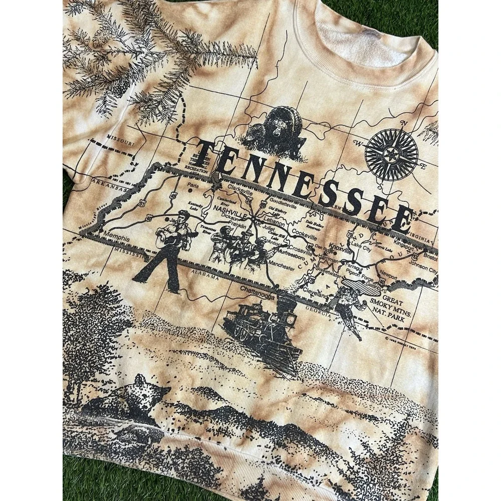 Vintage 90s Tennessee Crewneck Tie Dye All Over Print Map Elvis‎ 1992